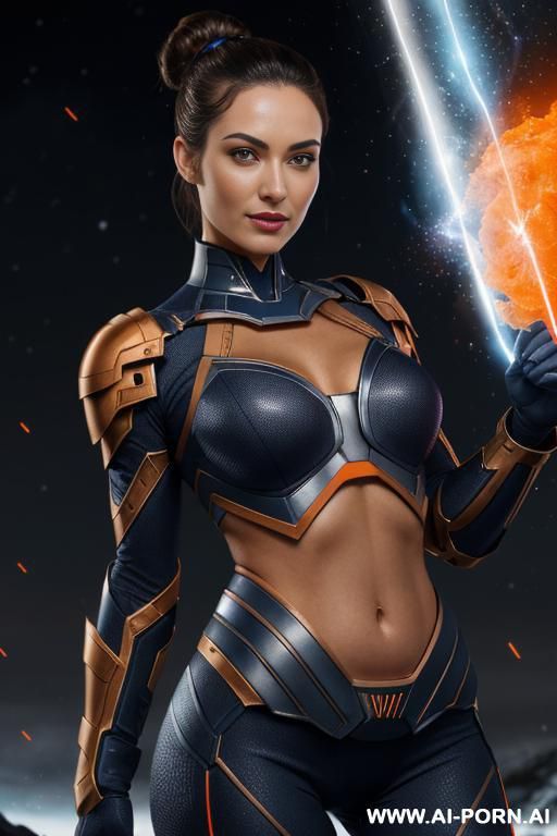 sci-fi soldier (front view) perfect model face ((keep face)) wide hips, muscular thighs (beautiful sexy face) alluring smile (eye contact) finely detail, highly detailed face, highly detailed eyes, - #main