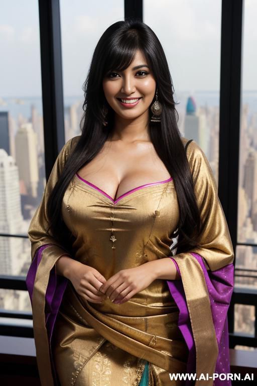 colorful dupatta, standing in a fancy luxurious sky rise penthouse in manhattan, photorealistic (japanese-indian), busty, dark complexion, (ultra detailed photo), (hyper realistic photo) - #main