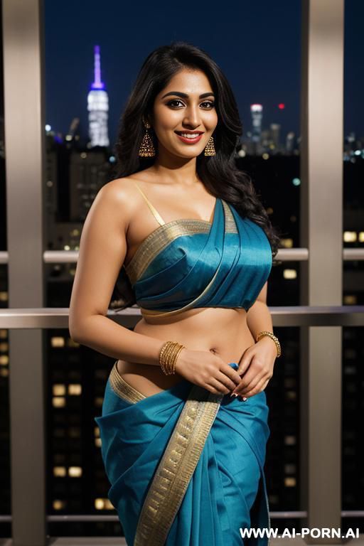 blue sari, balcony at a luxury hotel in manhattan, night time, lean, (photorealistic), (ultra detailed photo), (hyper realistic photo), (busty), ( mukerji ) - #main