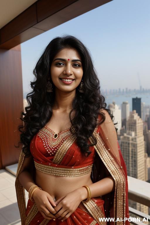 colorful dupatta, standing in a fancy luxurious sky rise penthouse in manhattan, photorealistic, dark complexion, (ultra detailed photo), (hyper realistic photo) - #main