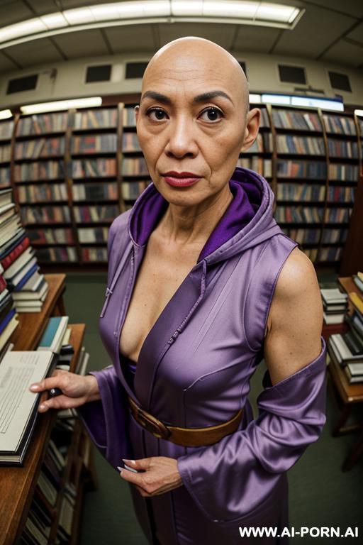 ((((view fish eye lens)))) up level shot forehead in closedup hyperrealism painting: slender bald old japanese librarian, age twenty, ((aa cup teardrop boobs)), on the desert field, bald head, - #main
