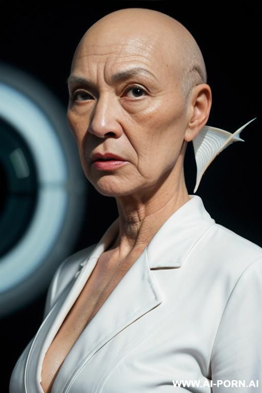 ((((view fish eye lens)))) up level shot forehead in closedup backview hyperrealism painting: an atompunk sci-fi bald slender old japanese woman with high cheekbones and triangle face and tight - #main