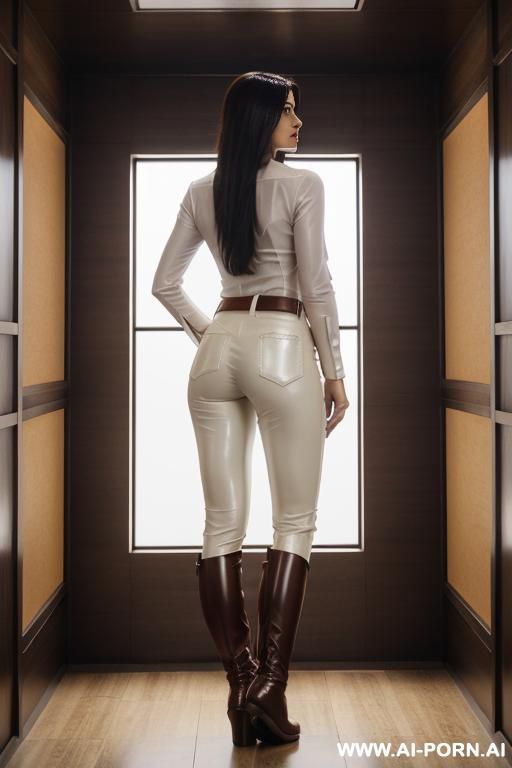 bangladeshi woman, white top, straigh light-brown leather pants, brown riding flats long boots - #main