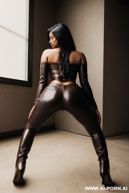 bangladeshi woman, dark skinned, light-brown leather pants, brown ridding flats long boots, twerk pose - #main