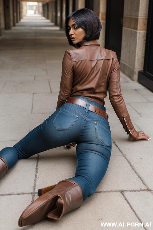 bangladeshi woman, dark skinned, light-brown leather pants, belt, brown ridding flats long boots, twerk pose - #main