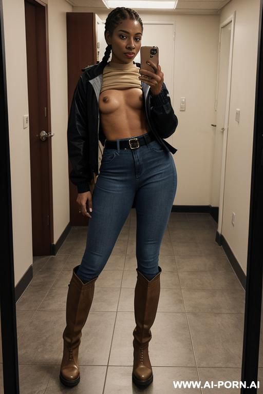bangladeshi mature woman, very dark skin, straight blue jeans, leather belt, beige riding long boots, twerk pose - #main