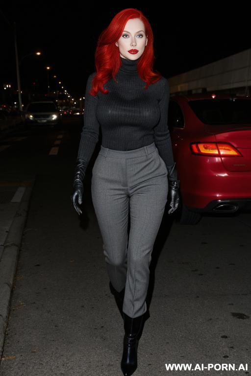 woman, red hair, black turtleneck sweater, grey pants, boots, black gloves, (flash tits), spy - #main