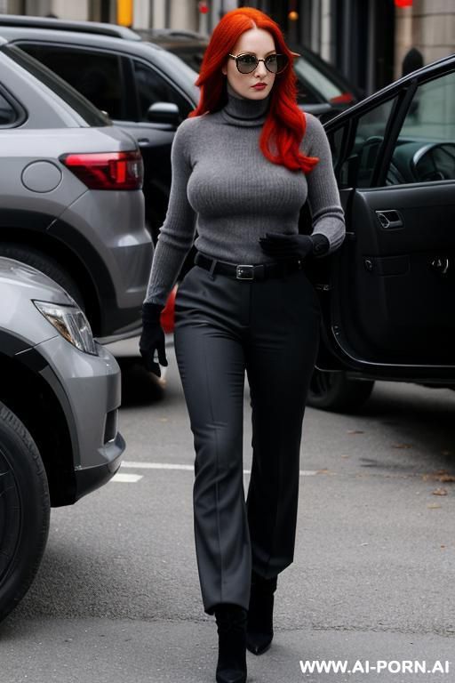 woman, red hair, black turtleneck sweater, grey pants, boots, black gloves, ((show boobs)), spy, special agent - #main