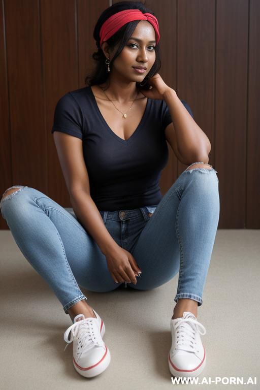 bangladeshi woman, very dark skin, straight blue jeans, sneakers - #main