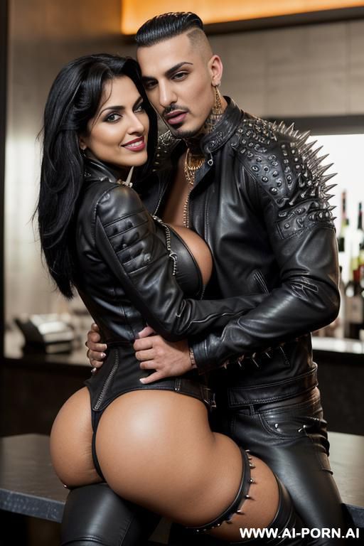 ((((arab rap gilf hugging a twenty year old muscular punk man)))) ((((((gigantic tits)))))) and (((long hair))), ((((makeup)))) , (((tight spiked black leather jacket))) (((tight spiked black leather - #main