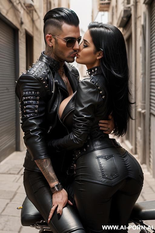 ((((arab biker milf hugging and kissing a twenty year old muscular punk man on the lips)))) with ((((((gigantic tits)))))) and (((long hair))), (makeup) , (((tight spiked black leather jacket))) - #main