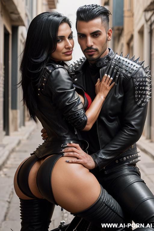 ((((arab biker milf hugging w twenty year old muscular punk man)))) with ((((((gigantic tits)))))) and (((long hair))), (makeup) , (((tight spiked black leather jacket))) (((tight spiked black leather - #main