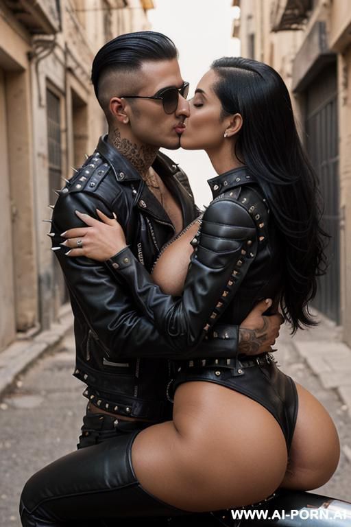((((arab biker milf hugging and kissing a twenty year old muscular punk man on the lips)))) with ((((((gigantic tits)))))) and (((long hair))), (makeup) , (((tight spiked studded black leather - #main
