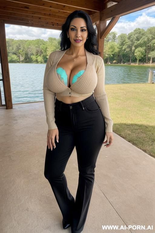 classy housewife, gorgeous face, heavy makeup up, milf, huge saggy breasts, full body view, ((keep face)), ((keep body)), sunny summer day, outside large lake house on the lake, - #main