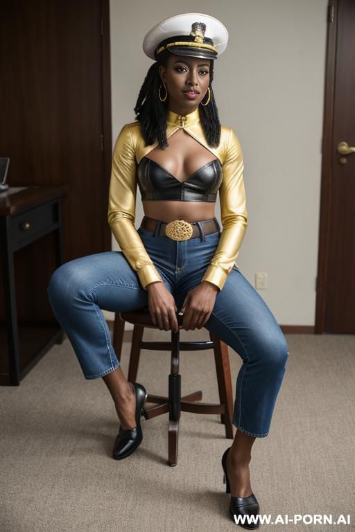 ebony, vintage flared blue jeans, tight ass, golden belt, oxford shoes, leather captain cap - #main