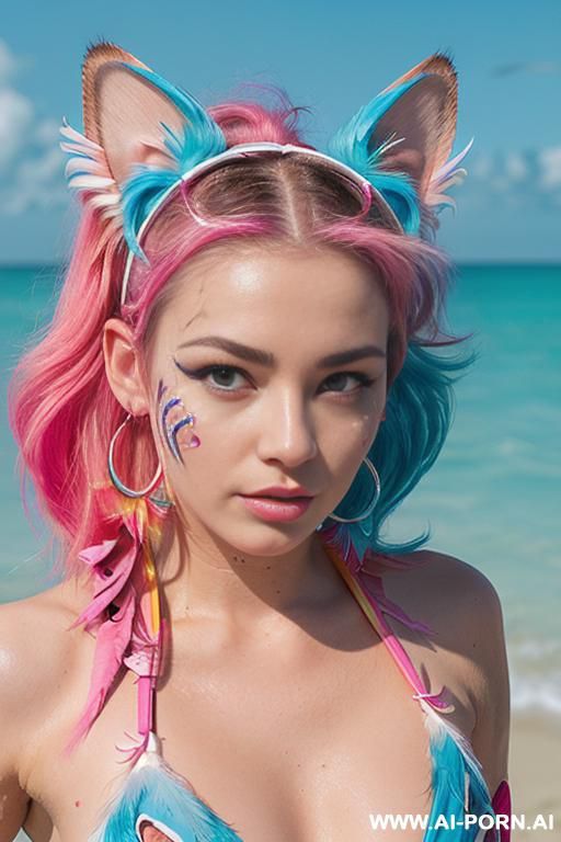 face, sexy, beautiful, ((face painting)), ((bikini as seashell)), ((tattoo roses)), ((eyes shw)), ((angel wings)), ((rainbow hair)), ((long bu hair)), ((wind)), (( cat face)), (( cat ears)), (((feather - #main