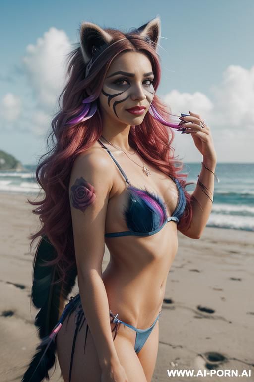 face, ((sexy)), beautiful, ((split hair color in 2)), ((percing nose)), ((face painting)), ((bikini as seashell)), ((tattoo roses)), ((eyes shw)), ((angel wings)), ((rainbow hair)), ((one rose in hair) - #main