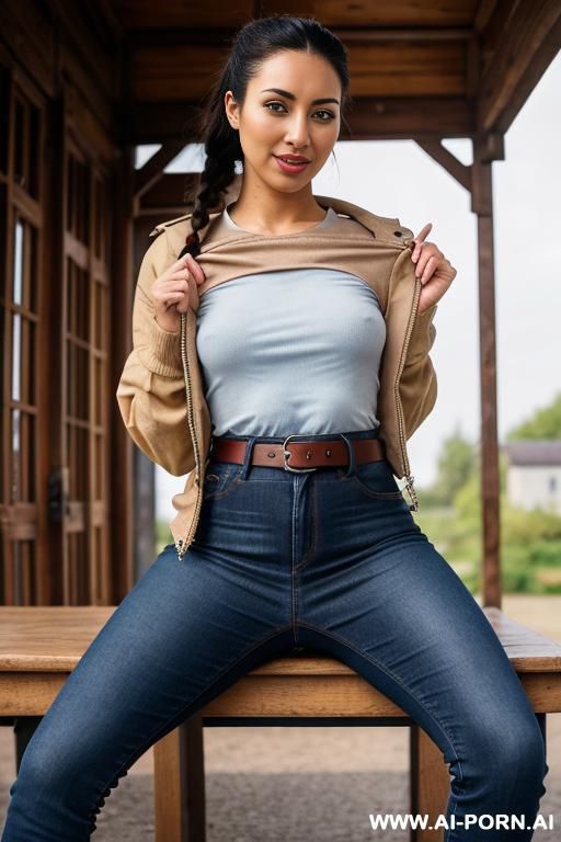 bangladeshi mature woman, very dark skin, straight blue jeans, leather belt, beige riding long boots, twerk pose - #main
