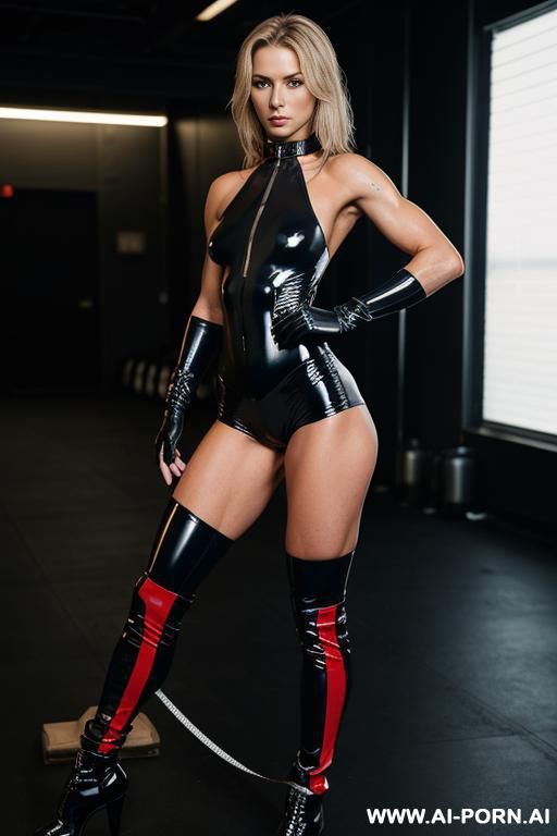 generate an image of 2 womans, one standing in latex the other naked on all fours with a collar and a leash on her neck - #main