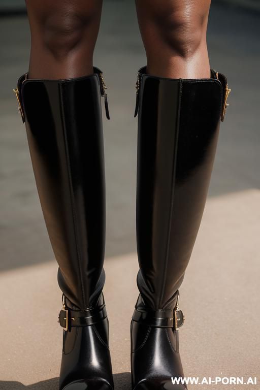 bangladeshi mature woman, dark skin, black ethnicity, suspender leather belts, t-thong, leg belts, light-brown ridding long boots, (((view from the ground))) - #main