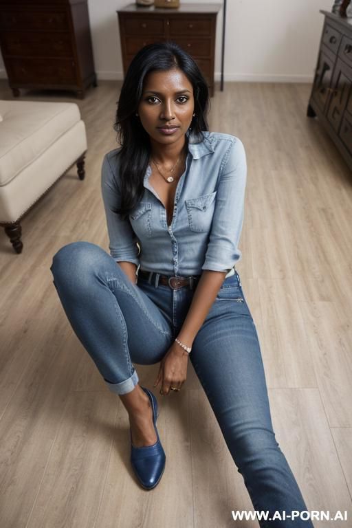 bangladeshi mature woman, very dark skin, straight light-blue jeans, oxford shoes, (((camera is on the floor))), between her legs - #main