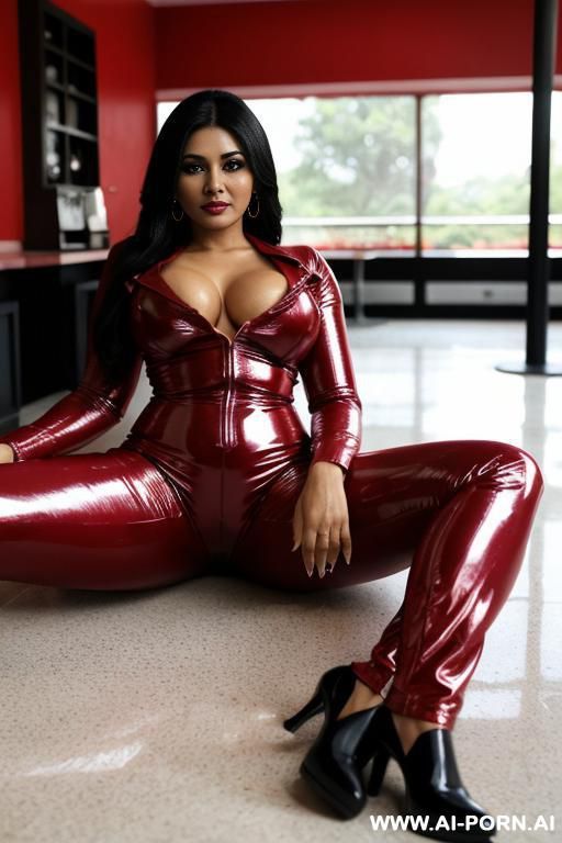 bangladeshi mature woman, very dark skin, red shiny clothes, pants so tight, (((view from the ground))), show her ass, (((camera is on the floor))), between her legs - #main