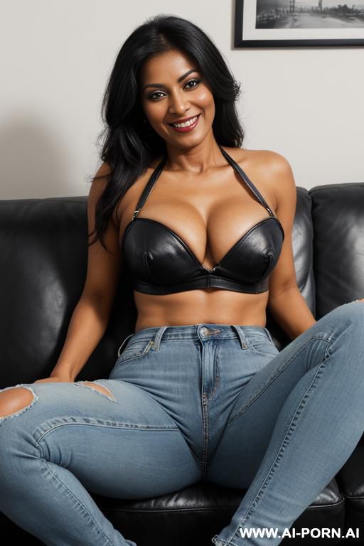 bangladeshi mature woman, very dark skin, straight light-blue jeans, oxford shoes, spread legs, view from the ground - #main