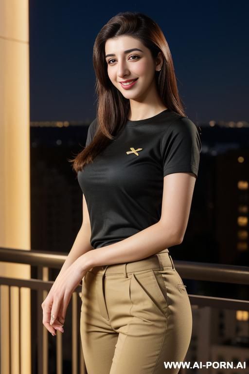 black short sleeve crew neck shirt, khaki pants, balcony at a luxury hotel in manhattan, night time, lean, (photorealistic), (ultra detailed photo), (hyper realistic photo), (urwa hocane ), hud3 - #main