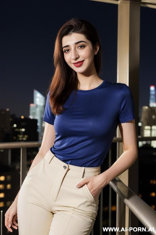 blue short sleeve crew neck shirt, fancy business pants, balcony at a luxury hotel in manhattan, night time, lean, (photorealistic), (ultra detailed photo), (hyper realistic photo), (urwa hocane ), hud3 - #main