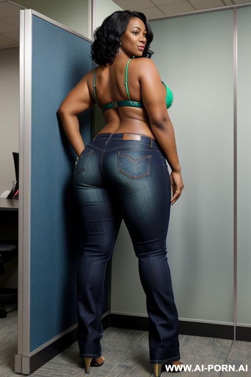 ebony mature woman, light-green extreme micro slingshot bikini, light-blue bootcut jeans, wet jeans, twerk pose - #main