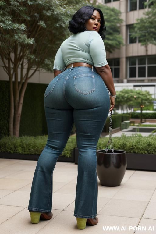 ebony mature woman, light-green micro top, light-blue bootcut jeans, monk shoes, twerk pose - #main