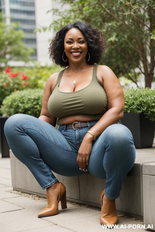 ebony mature woman, light-green micro top, light-blue bootcut jeans, monk shoes, ((spread legs)), view from the ground - #main
