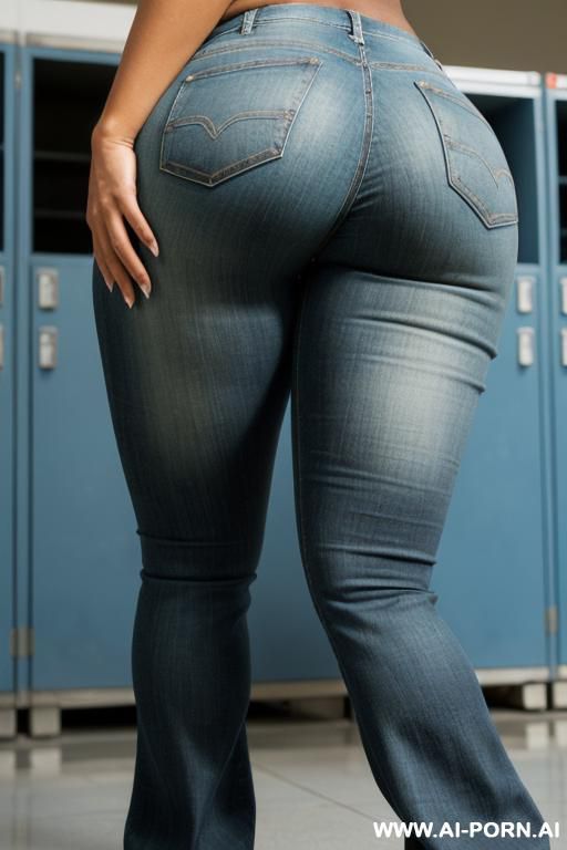 ebony mature woman, light-green extreme micro slingshot bikini, light-blue bootcut jeans, (((extra low angle ))), view from the ground, between her legs, show her ass, ((full body shot)) - #main