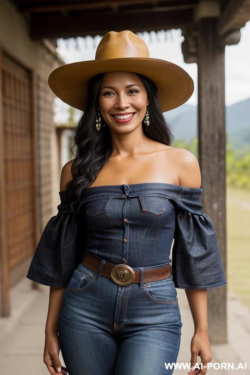 guatemala woman, dark skin, hat, straight blue jeans, leather belt, monk shoes, spread legs - #main