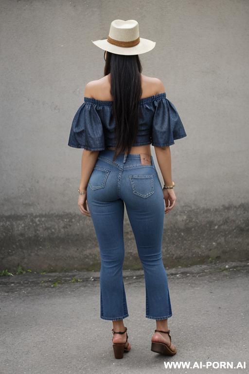 guatemala woman, hat, straight blue jeans, monk shoes, spread legs - #main