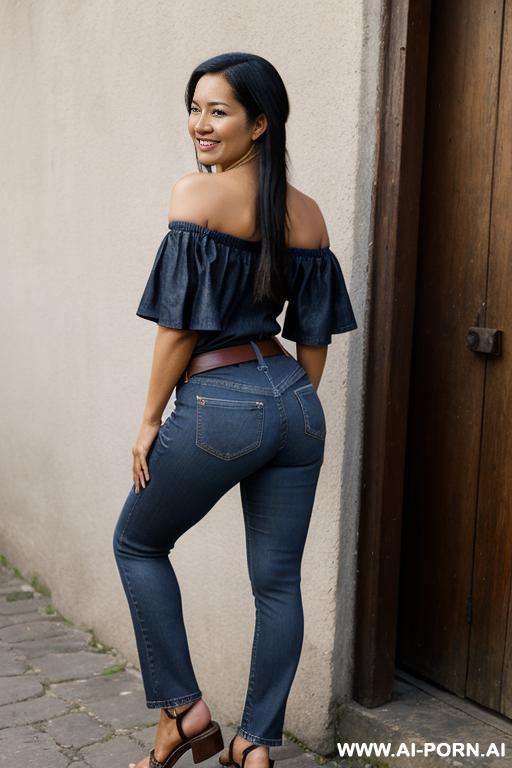 guatemala woman, dark skin, straight blue jeans, leather belt, monk shoes, spread legs - #main