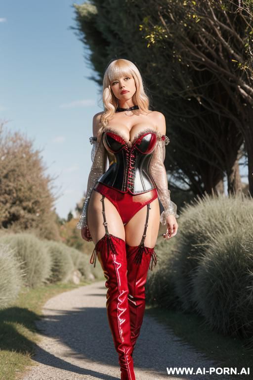 female blonde long wavy bangs thick fluffy bright hairs in red glass unreal vampiress laced corset silver chrome tinfoil futuristic summer dress busty cleavage lowered tight sleeves bare shoulders - #main