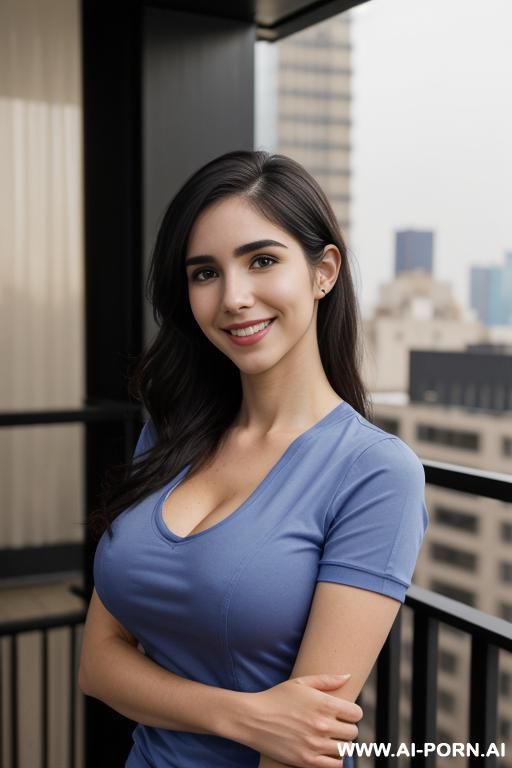 blue short sleeve crew neck shirt, fancy business pants, balcony at a luxury hotel in manhattan, night time, lean, (photorealistic), (ultra detailed photo), (hyper realistic photo), ((busty)), (higareda ), hud3 - #main