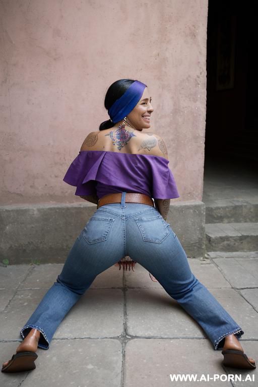 guatemala woman, dark skin, pink top, straight blue jeans, belt, monk shoes, light-purple bandana, tattooed, twerking, from behind - #main