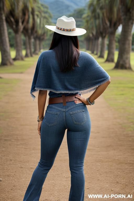 guatemala woman, dark skin, short colored poncho, straight blue jeans, belt, oxford shoes, hat, twerking, from behind - #main