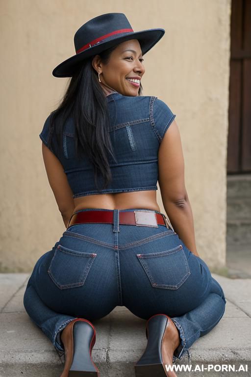 guatemala woman, dark skin, red top, ethnic straight blue jeans, belt, oxford shoes, hat, twerking, from behind - #main