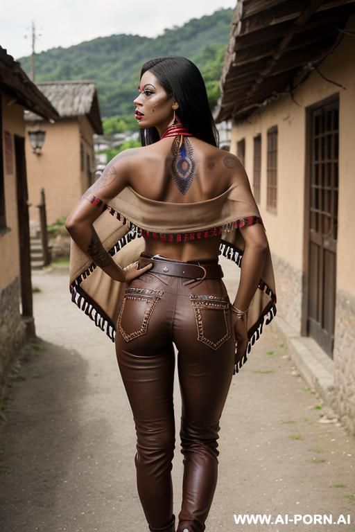 guatemala woman, dark skin, short red colored poncho, straight beige leather pants, belt, oxford shoes, twerking, from behind, tattooed, beautiful face paint, ((village background)) - #main