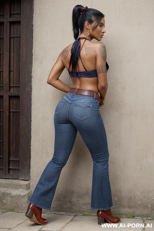 guatemala woman, dark skin, short red colored poncho, straight blue jeans, belt, oxford shoes, twerking, tattooed, from behind - #main