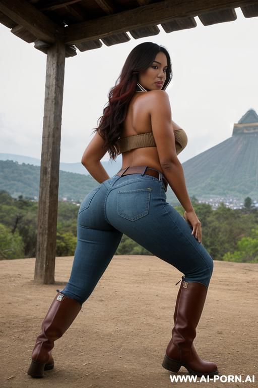 guatemala woman, dark skin, red short colored poncho, straight blue jeans, belt, beige riding long boots, view from the ground, ((between her legs)), show ass, ((full body view)), extra low angle view, twerking - #main