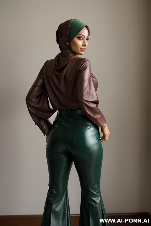 bangladeshi woman, very dark skin, tranparent blouse, light-green leather pants, monk shoes, head scarf - #main