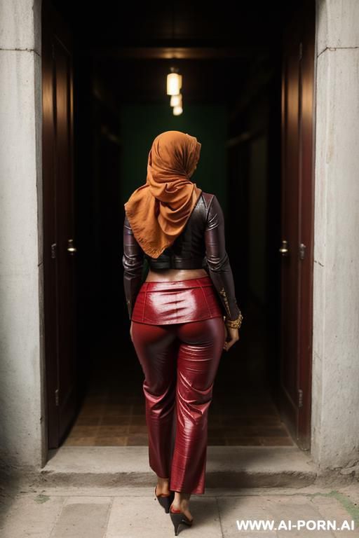 bangladeshi woman, very dark skin, red colored ethnic clothes, light-green leather pants, monk shoes, head scarf - #main