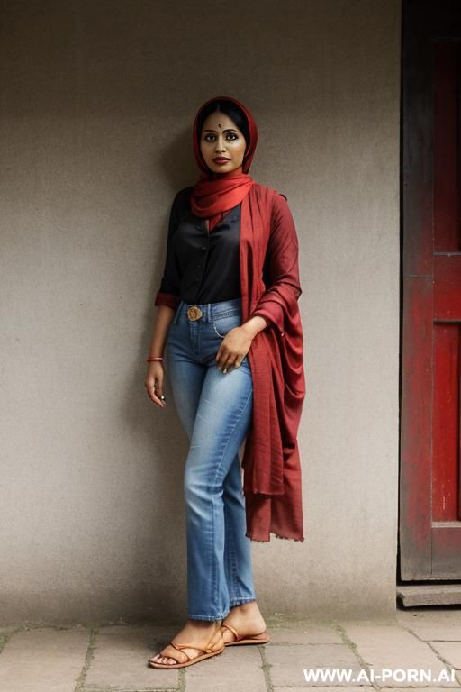 bangladeshi woman, red colored ethnic clothes, monk shoes, head scarf - #main