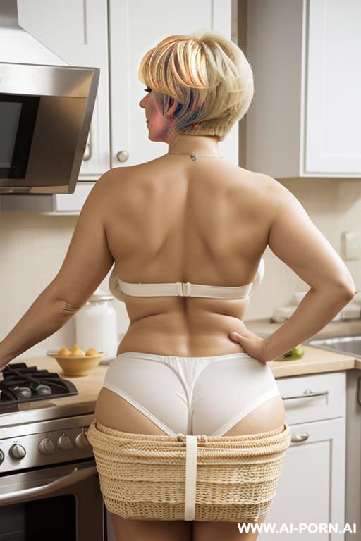 back view, mature woman, full body, standing, triangular hips, thick thighs, elderly, blonde hair, wearing white micro basket in kitchen - #main