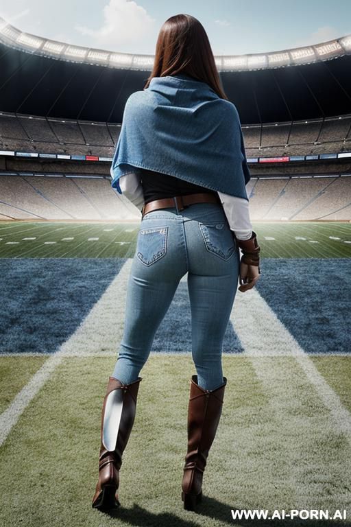 guatemala milf, straight blue jeans, leather belt, short colored poncho, straight blue jeans, brown riding long boots, (((football stadium inside backround))) - #main