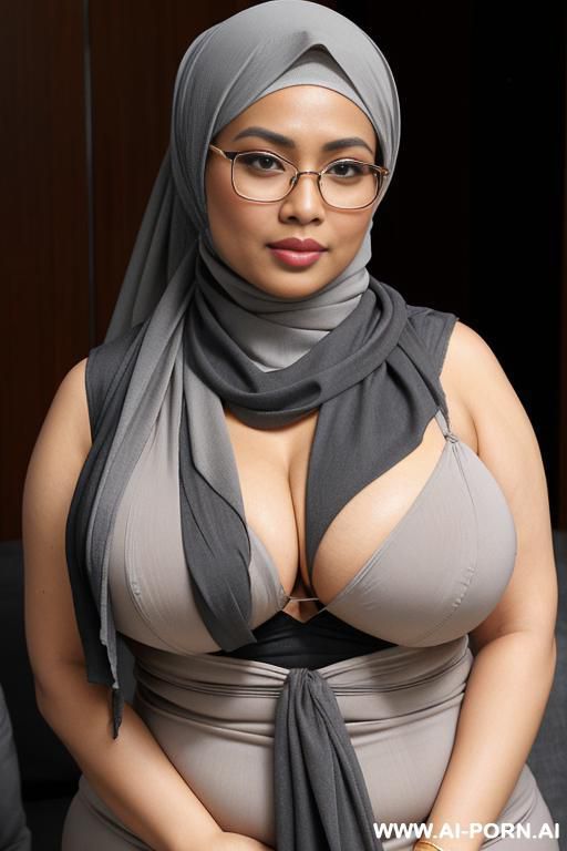 milf, voluptuous body figure, indonesian, sunda ethnicity, light skin, wearing grey pashmina style jilbab, covered, glasses. natural massive saggy breast. seductive pose, sagging breasts. - #main